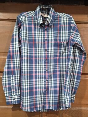 Men's Button-Down Plaid Dress Shirt in Blue, White & Red
